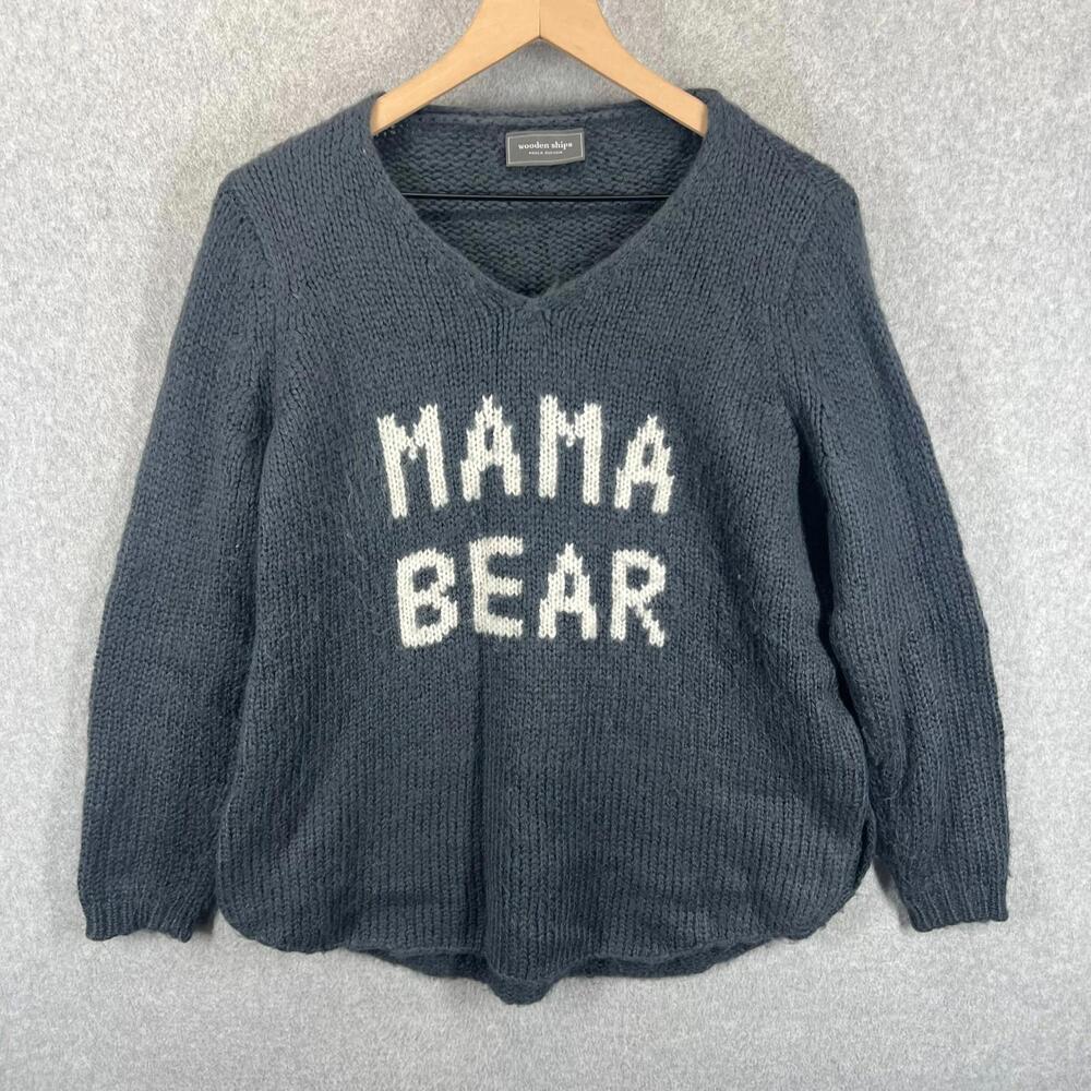 Wooden Ships Mama Bear Sweater Gray Blue Womens XS/S RARE! EUC